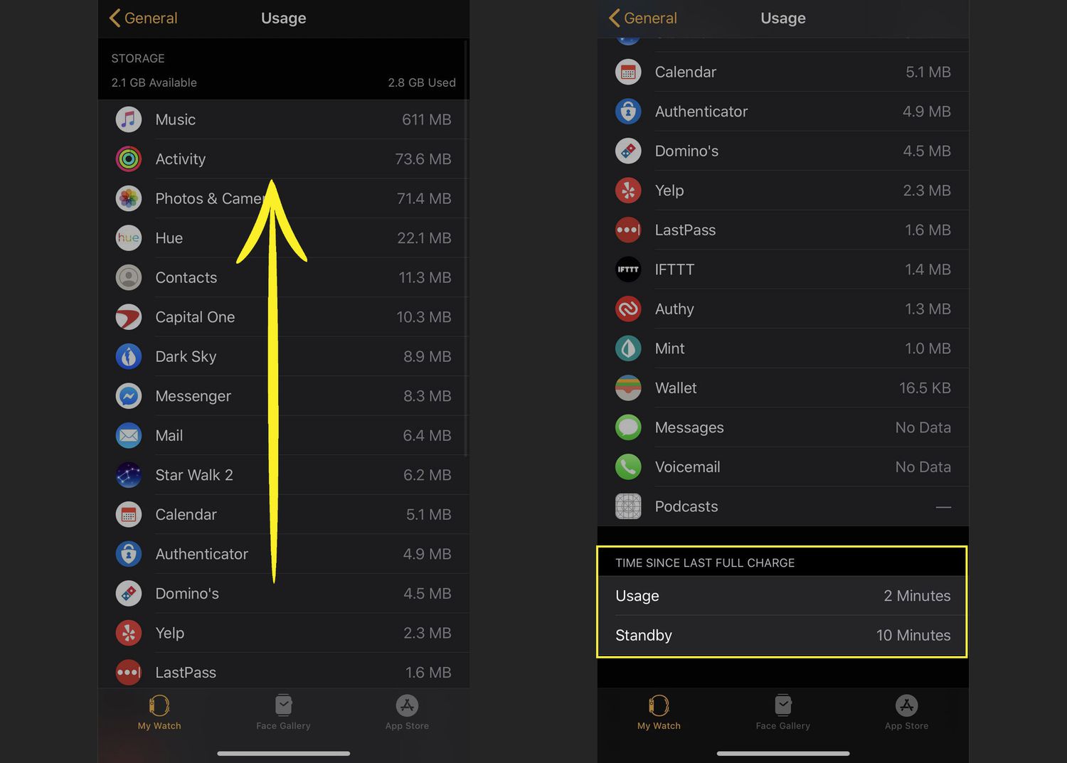 Apple Watch Usage information in the iPhone Watch app