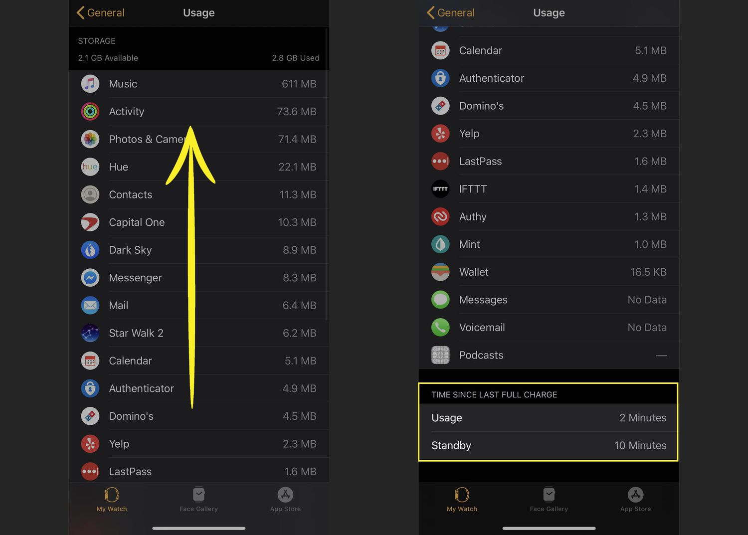 Apple Watch Usage information in the iPhone Watch app