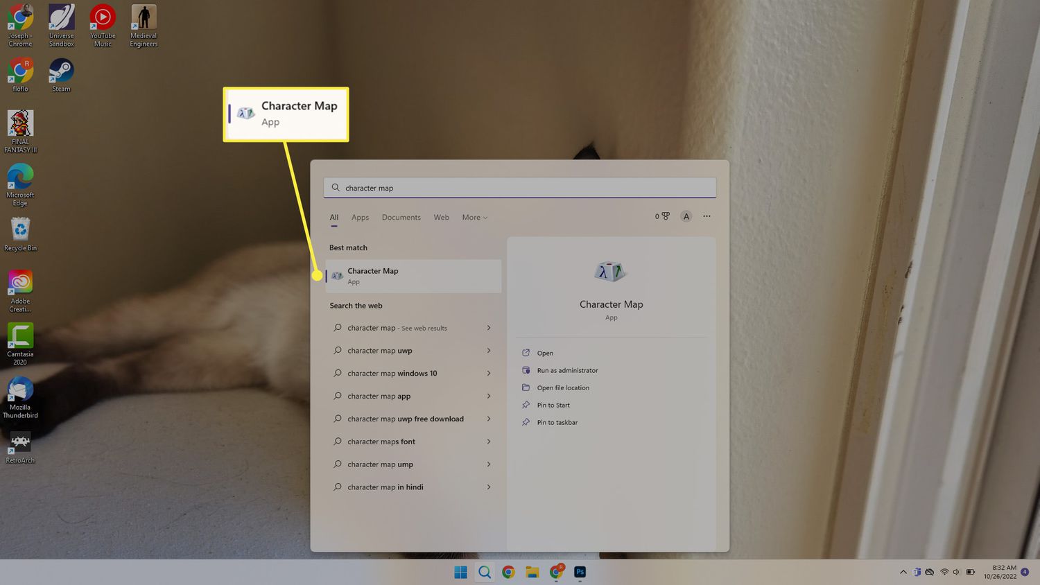 Character Map app in Windows search