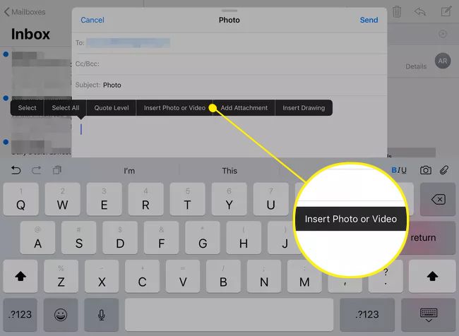 An email on an iPad with the Insert Photo or Video menu option highlighted