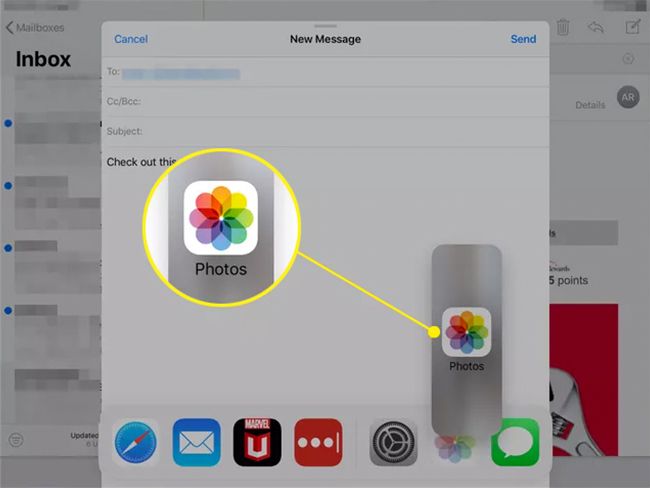 An email open on an iPad with Photos highlighted