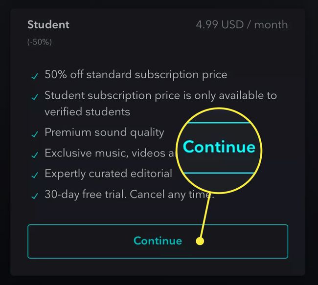 A Tidal user selects the Student discount option