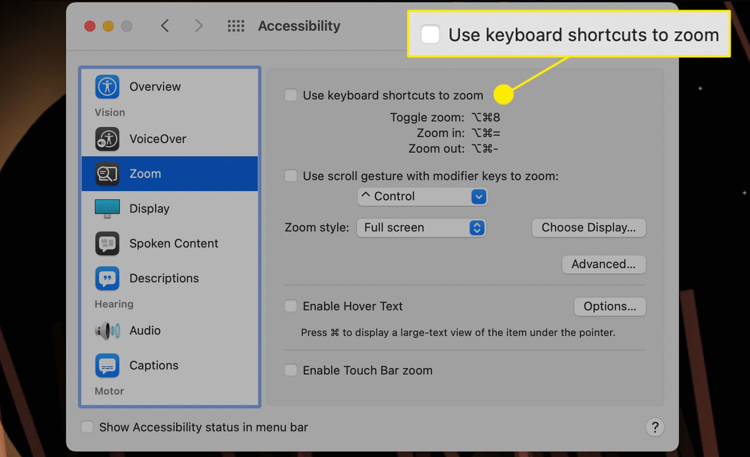 Use keyboard shortcuts to zoom highlighted in Mac Accessibility menu