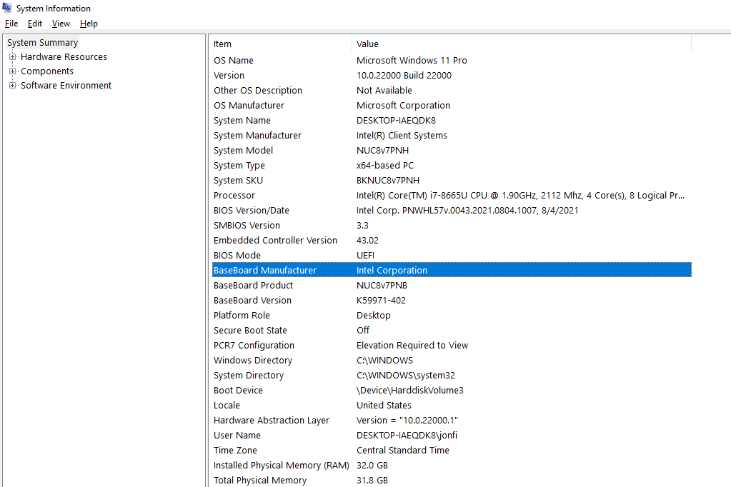BaseBoard Manufacturer highlighted in System Information