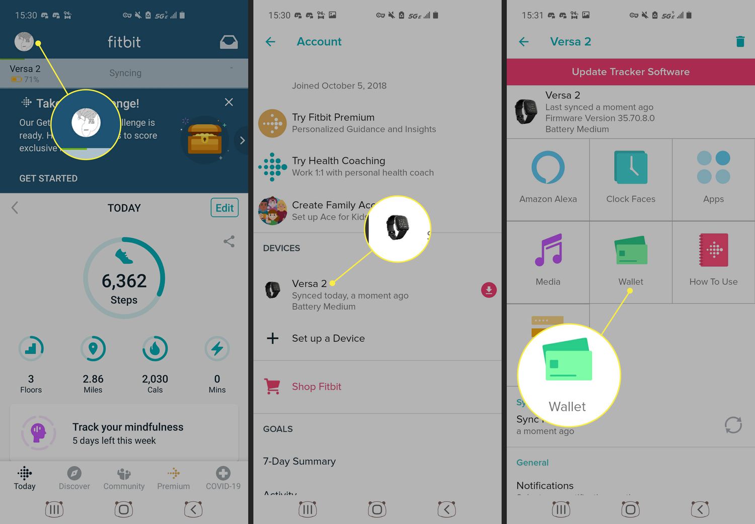 The Wallet tile in the Fitbit app