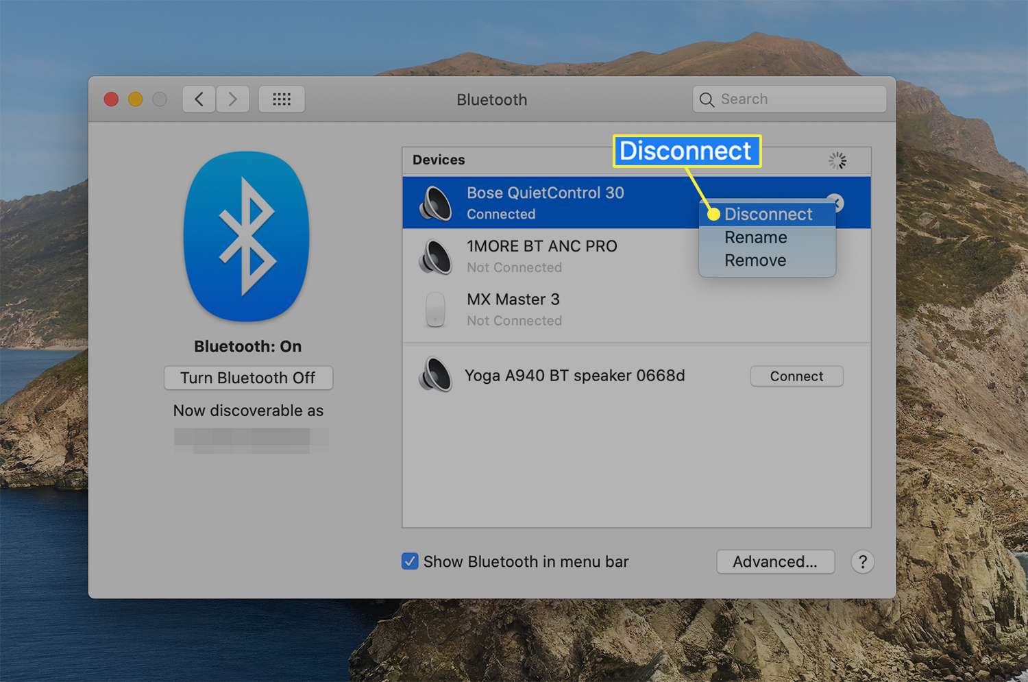 Disconnect option from a connected Bluetooth device on macOS