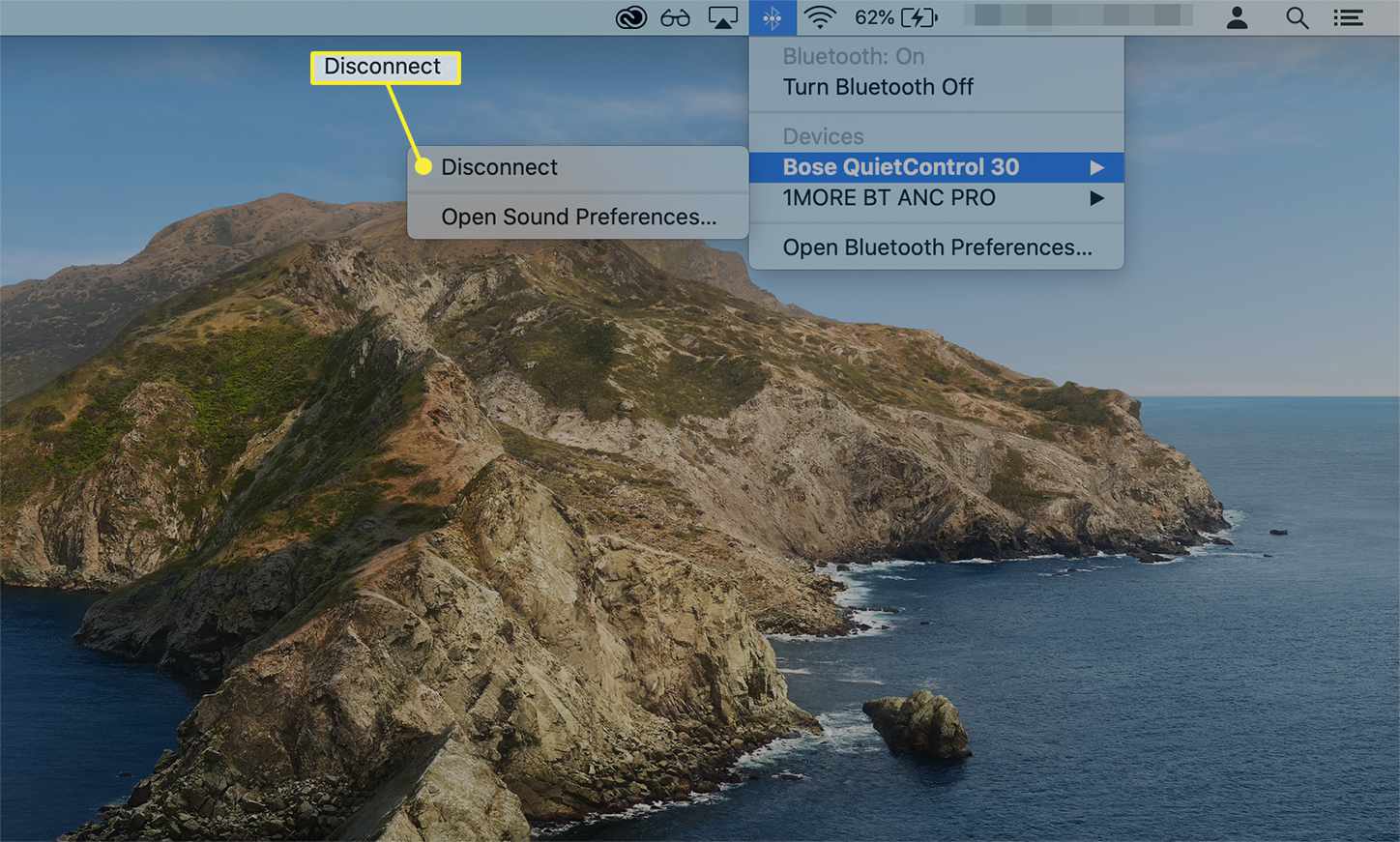 Disconnect option from the Bluetooth icon on a Mac's menu bar