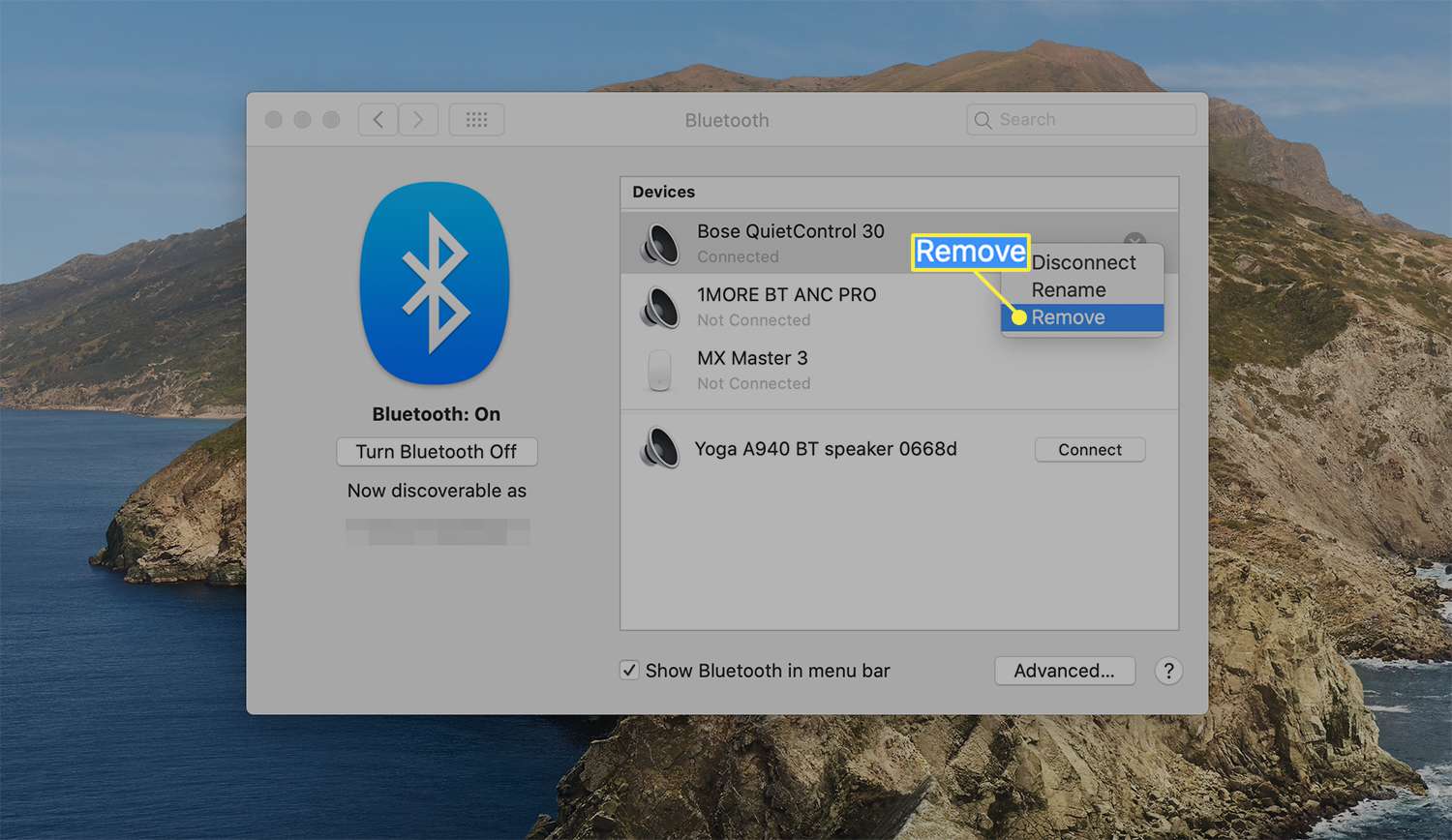 Remove option to unpair a device from macOS Bluetooth preferences