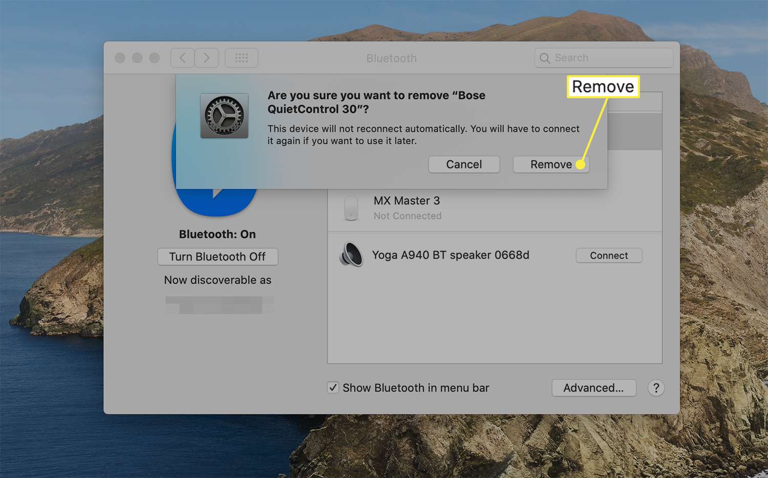 Remove dialog box to confirm unpairing of a connected Bluetooth device on macOS