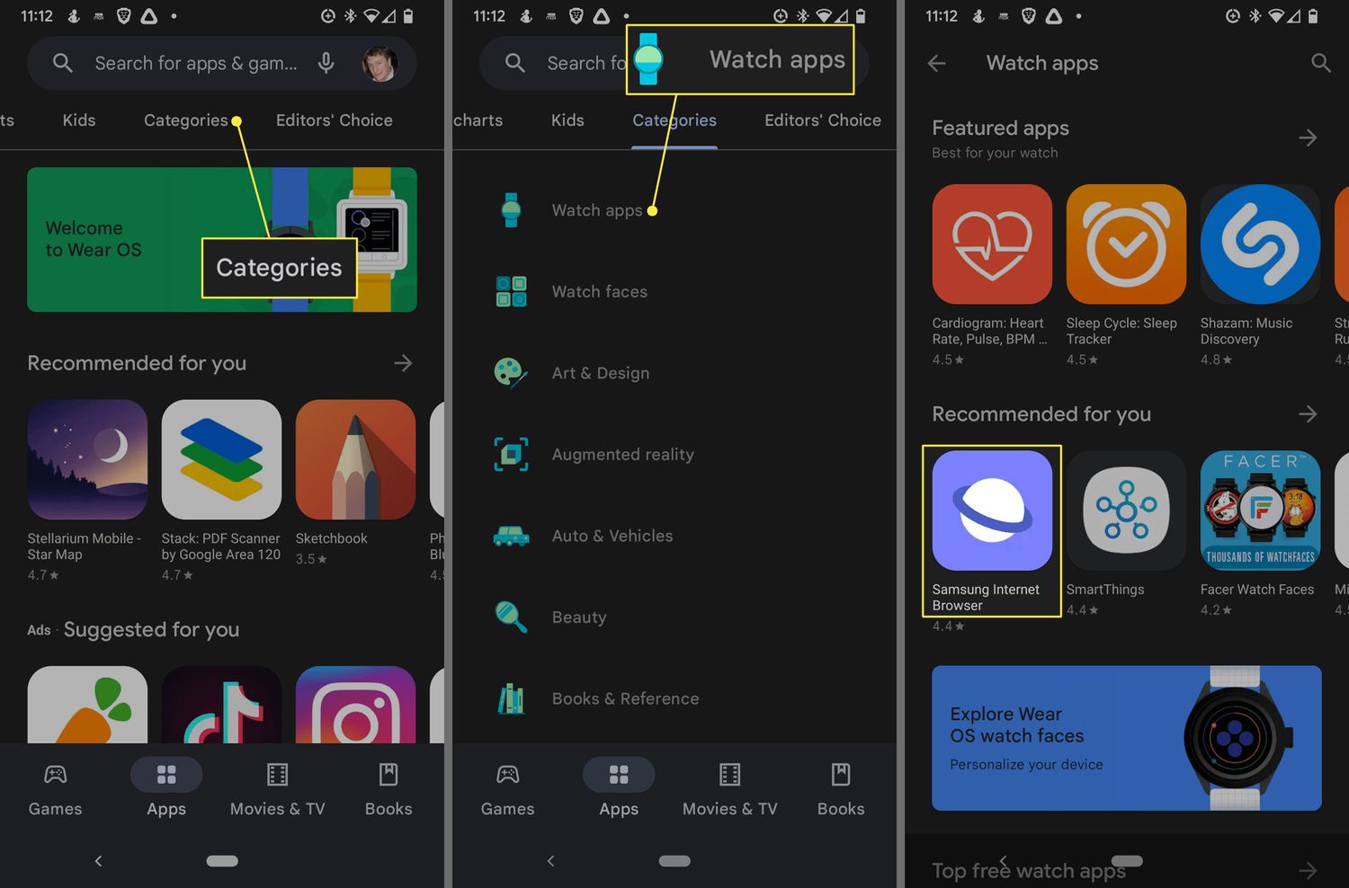 Categories. Watch apps, and Samsung browser highlighted in Google Play Store