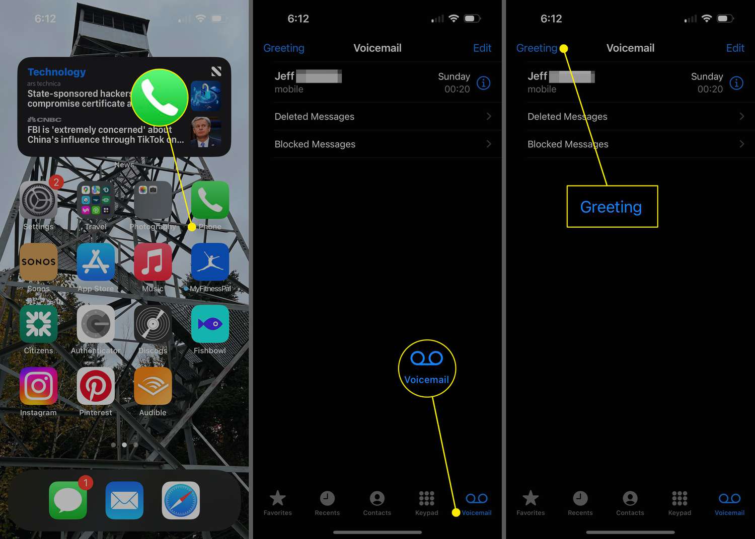Phone app, Voicemail, and Greeting highlighted on iPhone