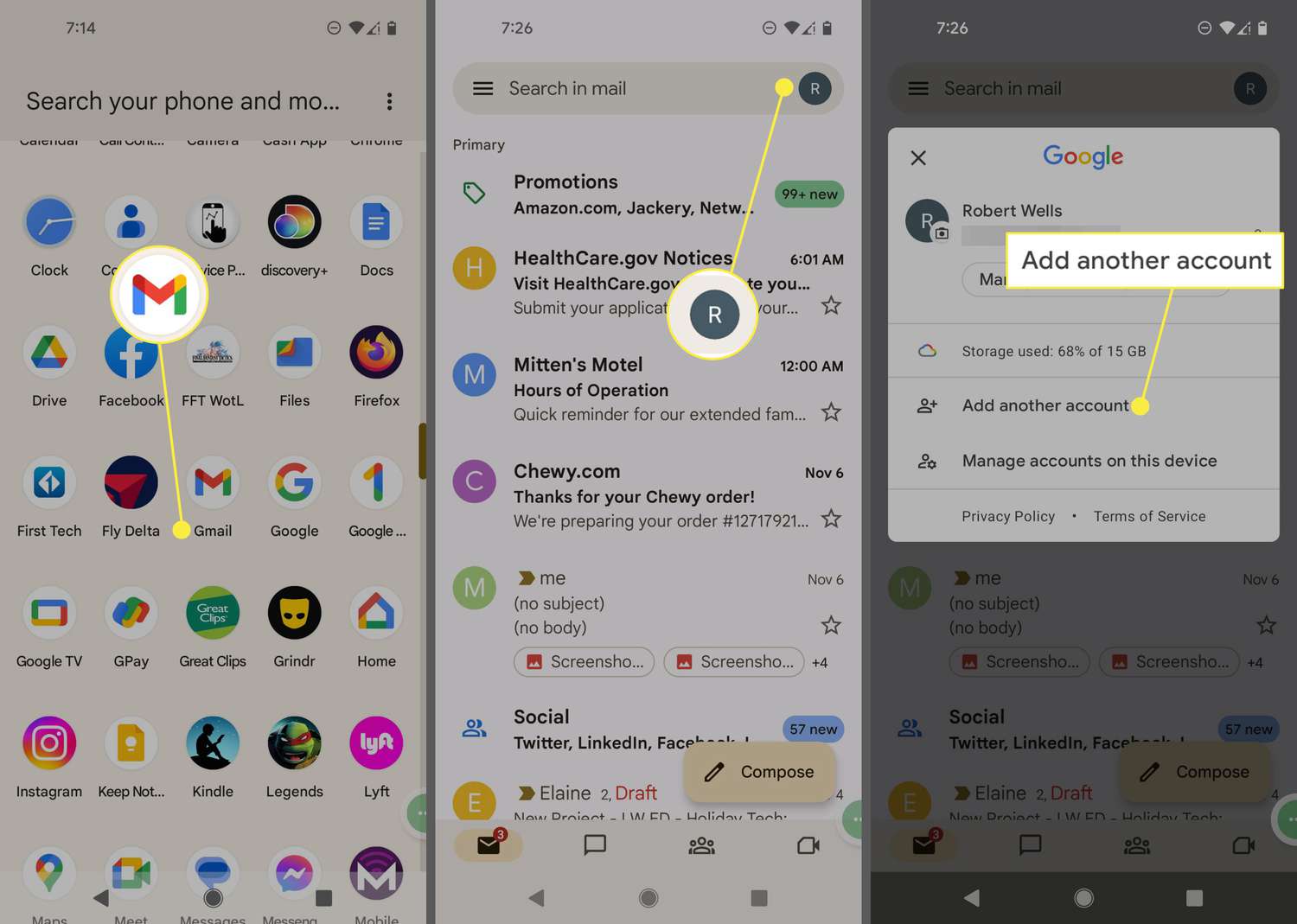 Gmail app, Profile icon, and Add another account on Android