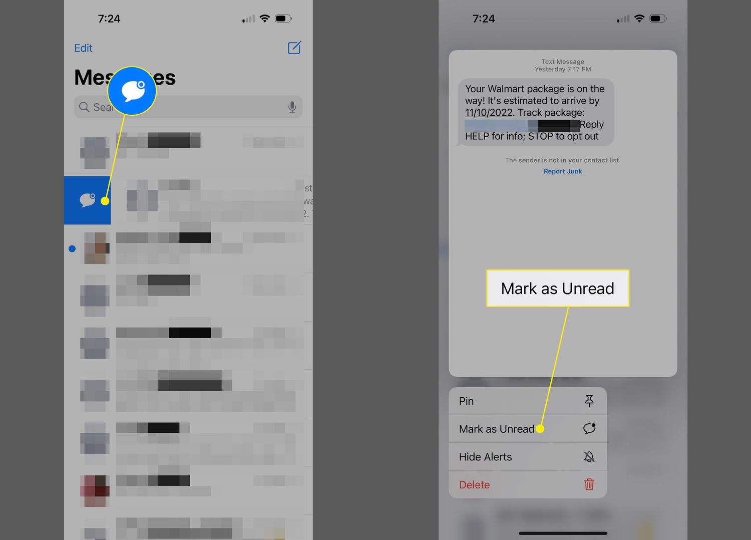 Blue Message icon and Mark as unread in iPhone Messages