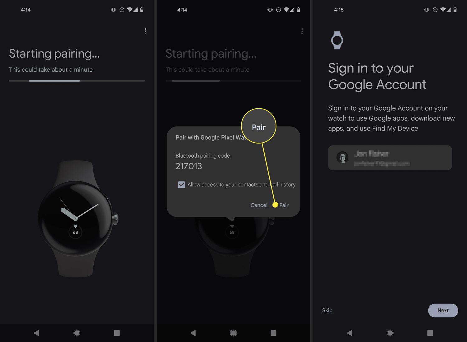 Pair highlighted in the Google Pixel Watch app