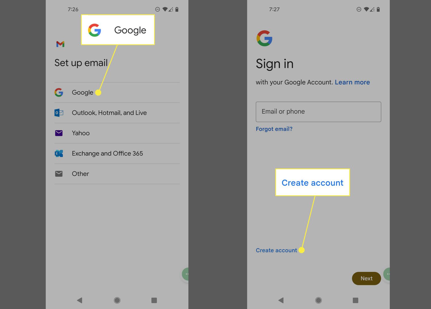 Google and Create account in Android Gmail app
