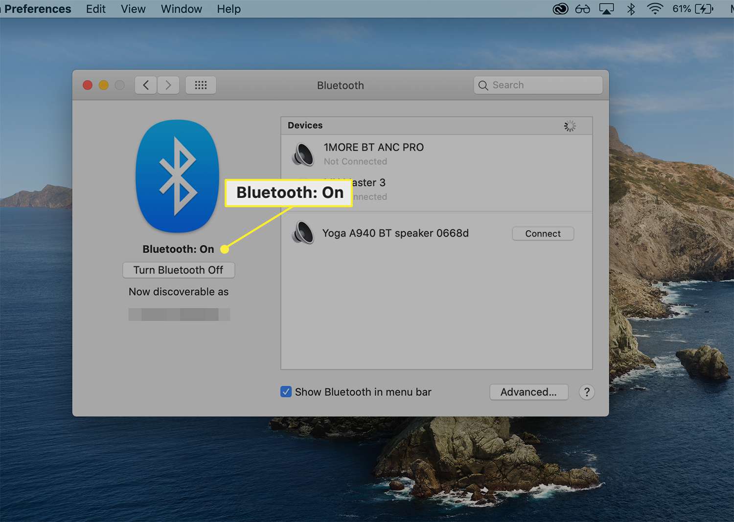 Bluetooth set to on in the macOS Bluetooth preferences dialog box