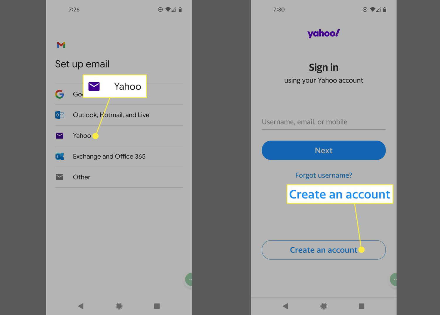 Yahoo and Create an account in the Android Gmail app