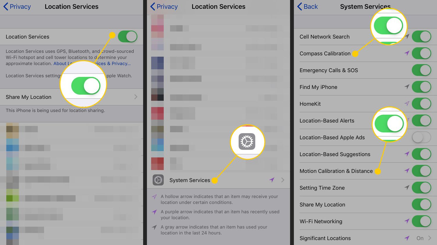 Turning on Compass Calibration and Motion Calibration & Distance settings on an iPhone