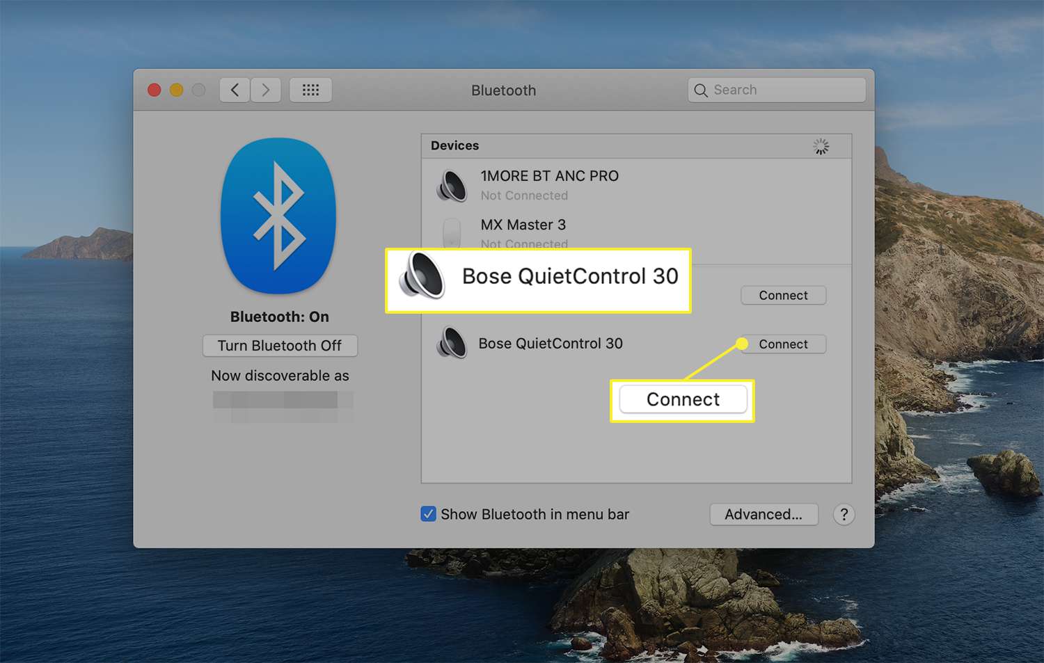 Connect option next to an available wireless device from macOS Bluetooth preferences