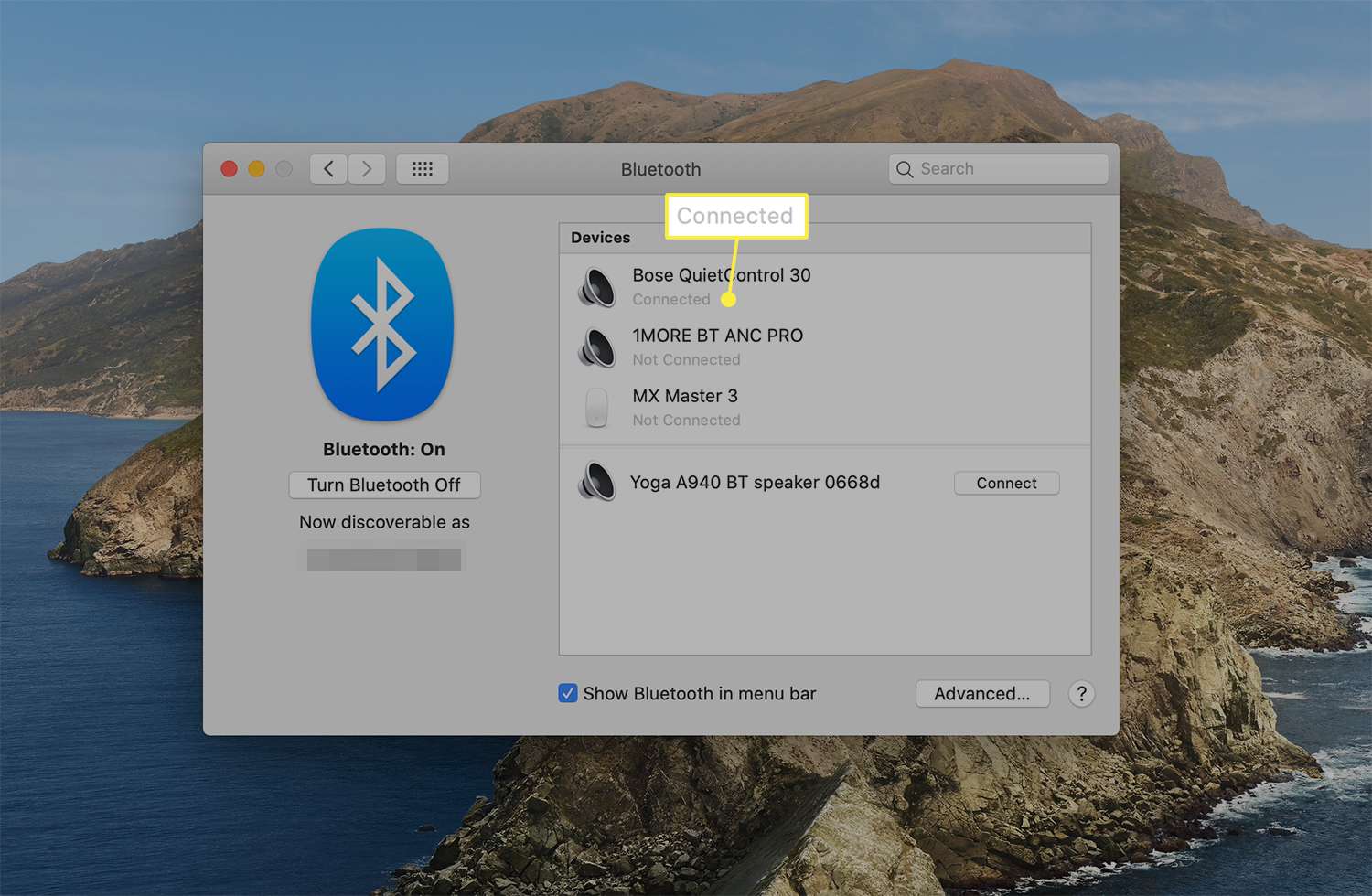 Connected message listed below a connected Bluetooth device from macOS Bluetooth preferences