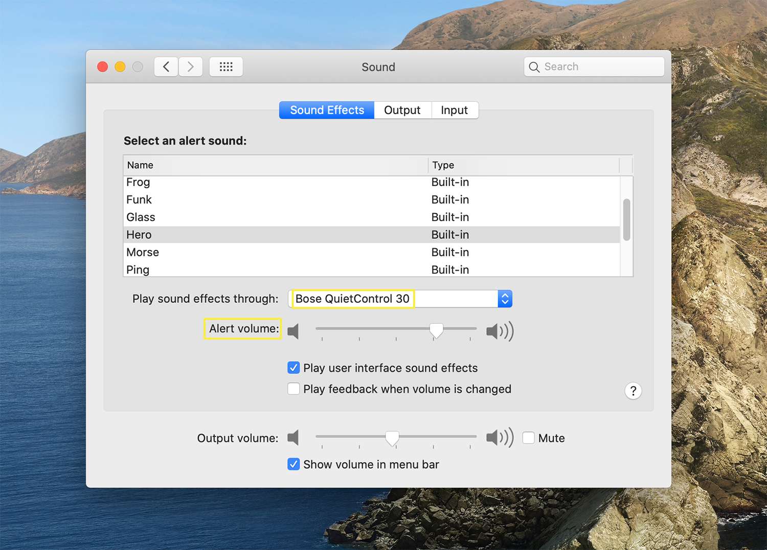 Sound Effects options from the Sound settings on macOS