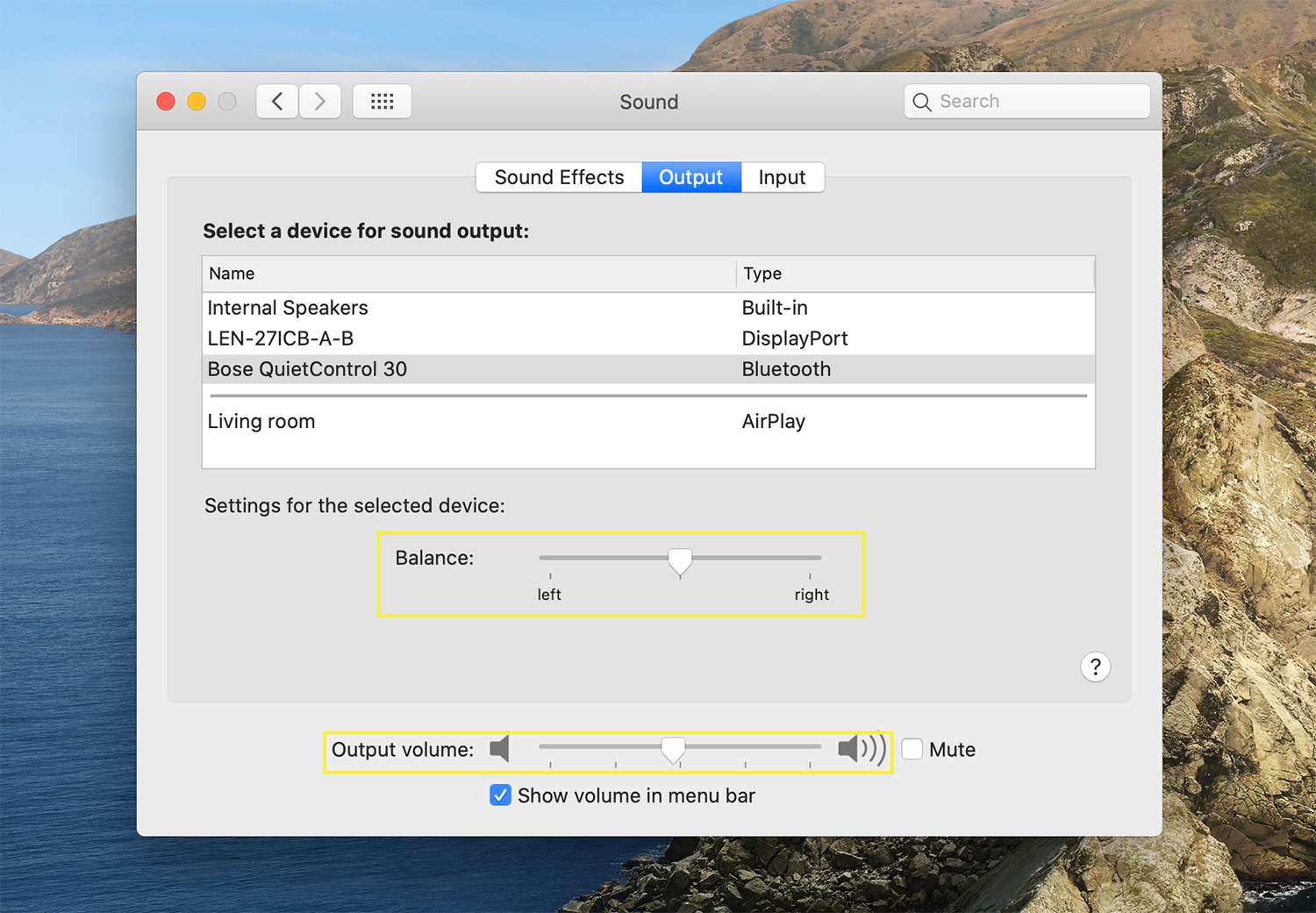 Output options for connected devices from macOS Sound settings