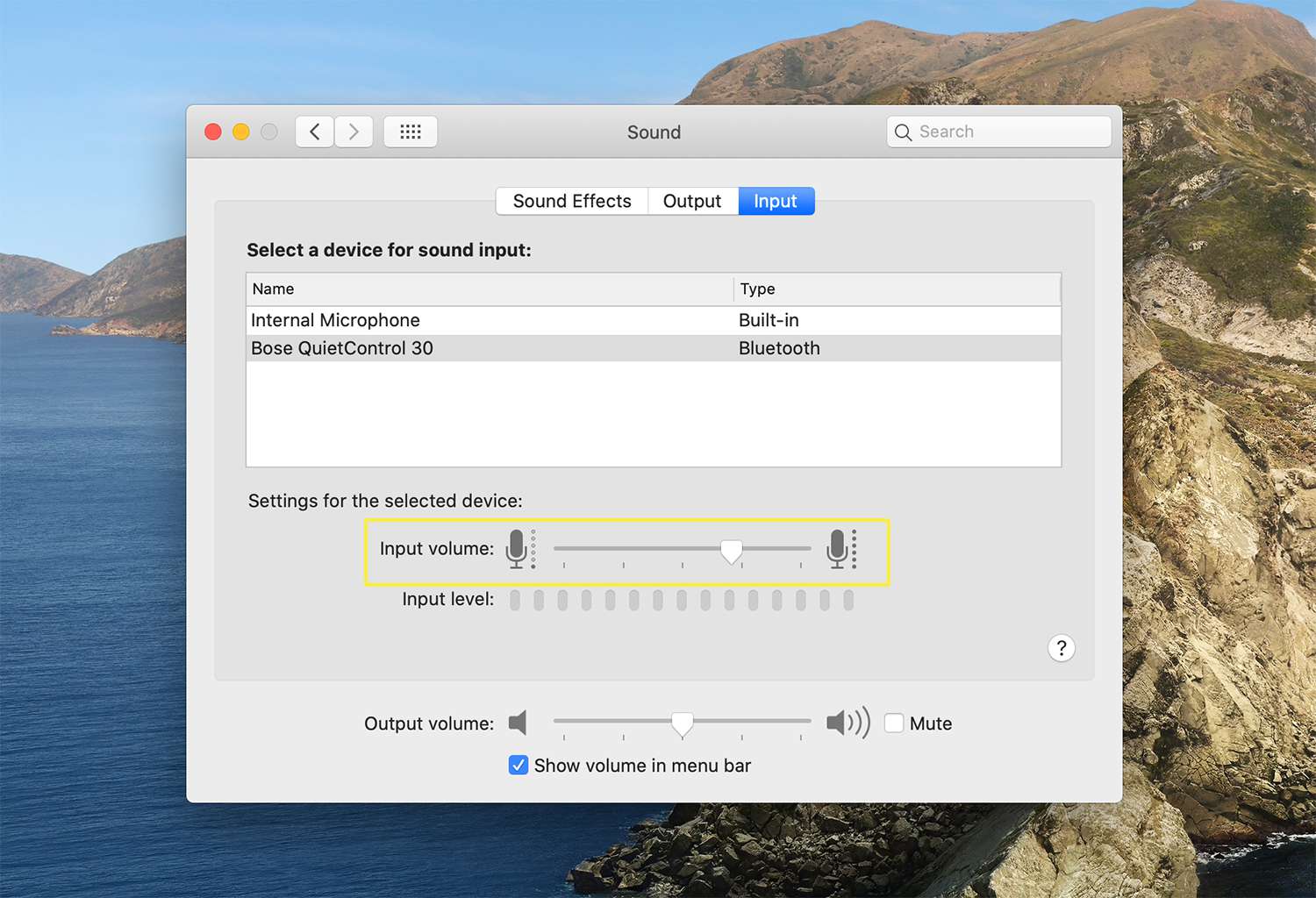 Input volume settings for sound devices on macOS