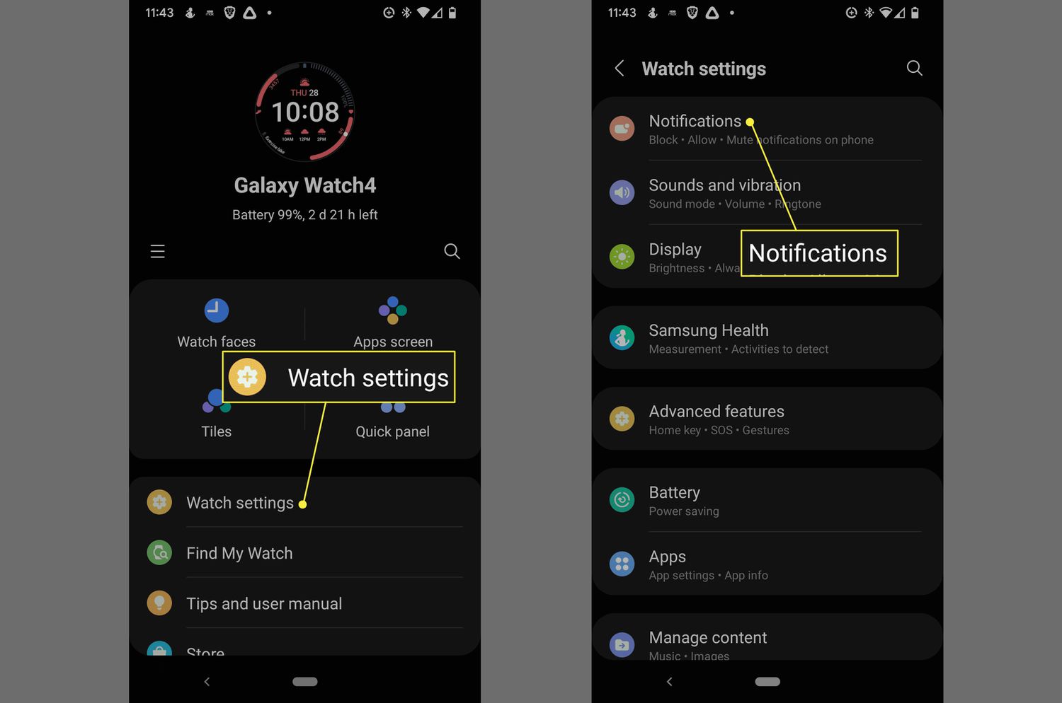 Watch Settings and Notifications in Galaxy Wearable app