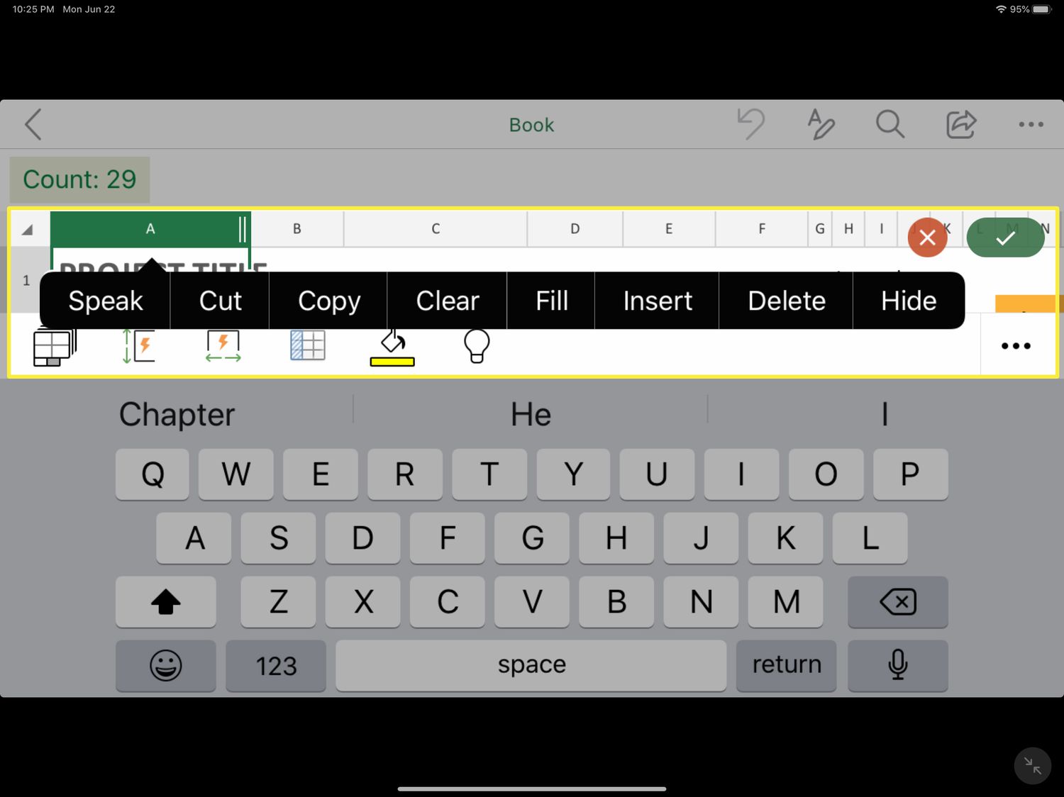 Context menu in Spreadsheets on Microsoft Office for iPad.
