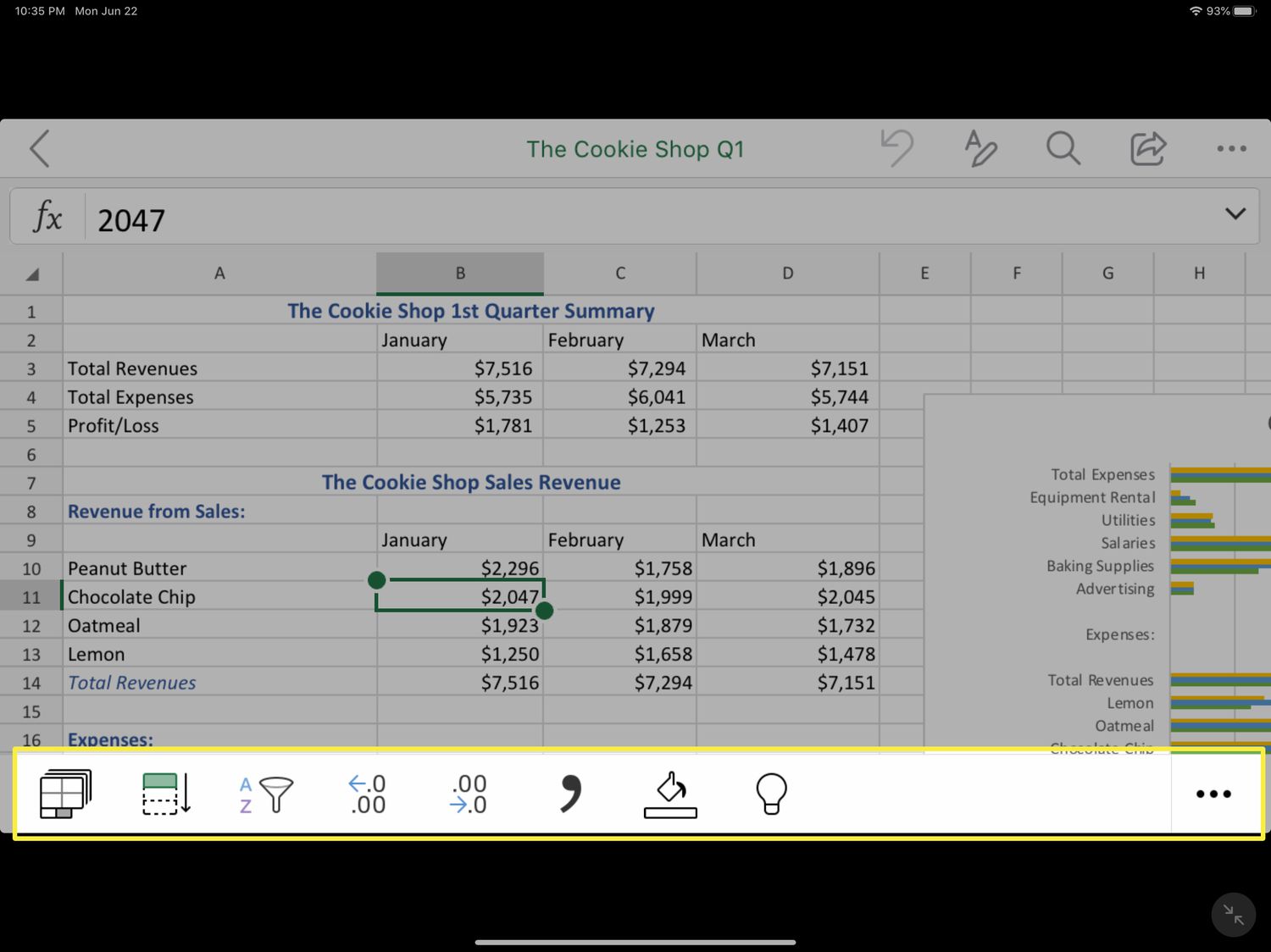 Some of the Excel tools in the spreadsheets portion of the Microsoft Office app for iOS.