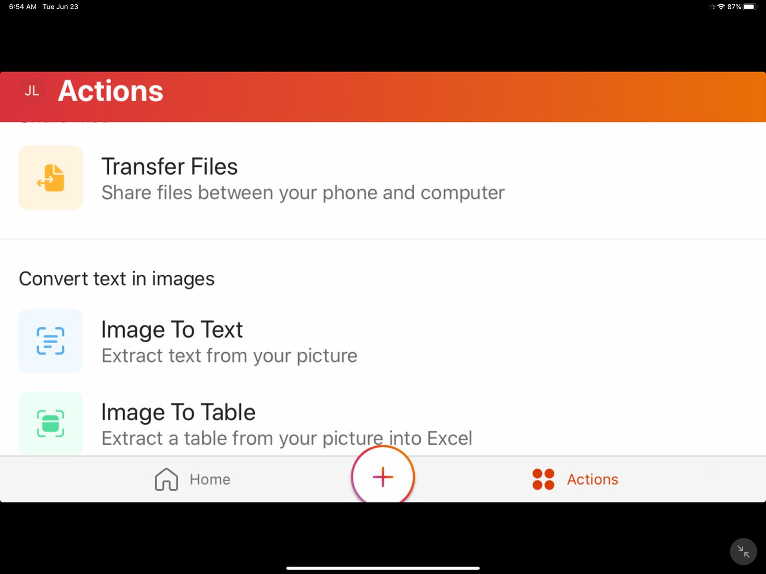 The Actions menu in Microsoft Office for iOS.