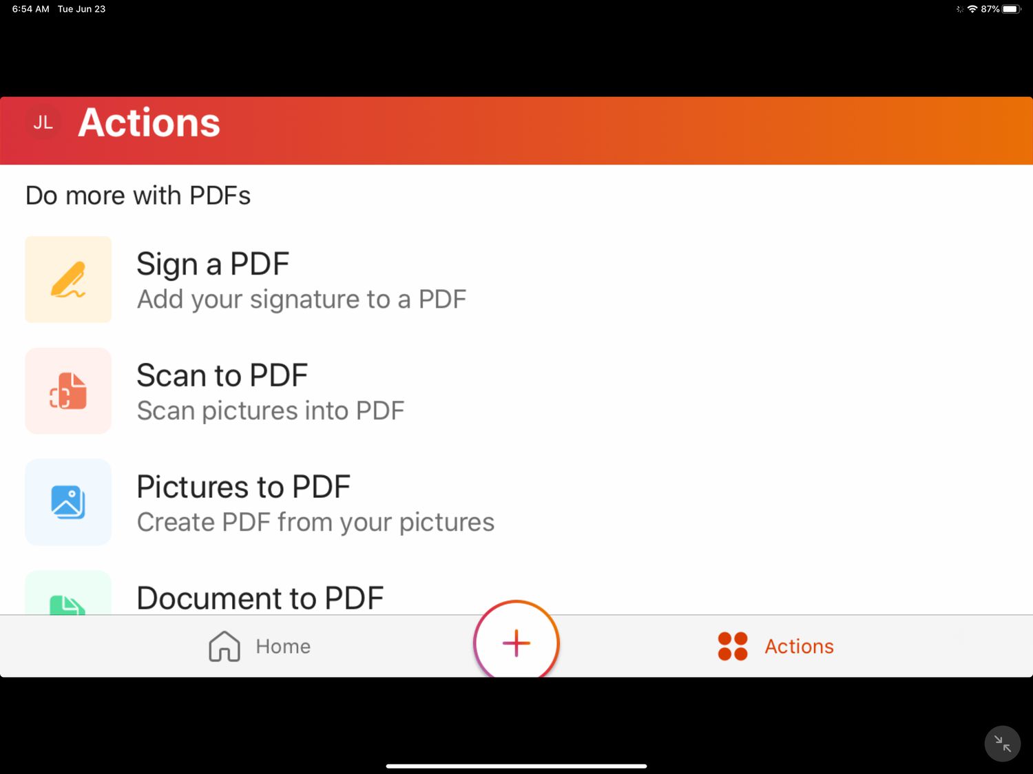 The PDF options in Microsoft Office on the iPad.