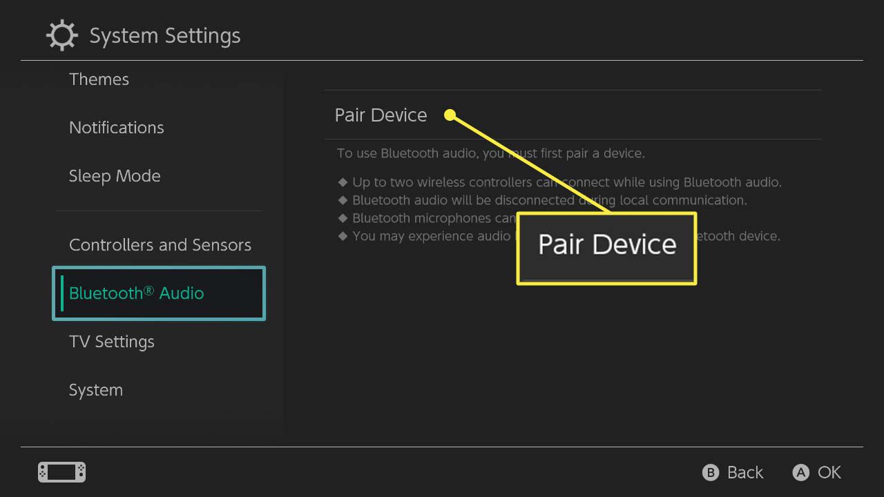 The Pair Device option in the Bluetooth Audio menu of the Nintendo Switch
