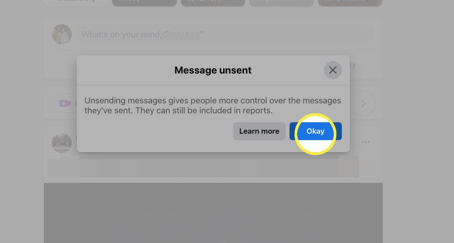 The Okay button highlighted in Messenger on the desktop