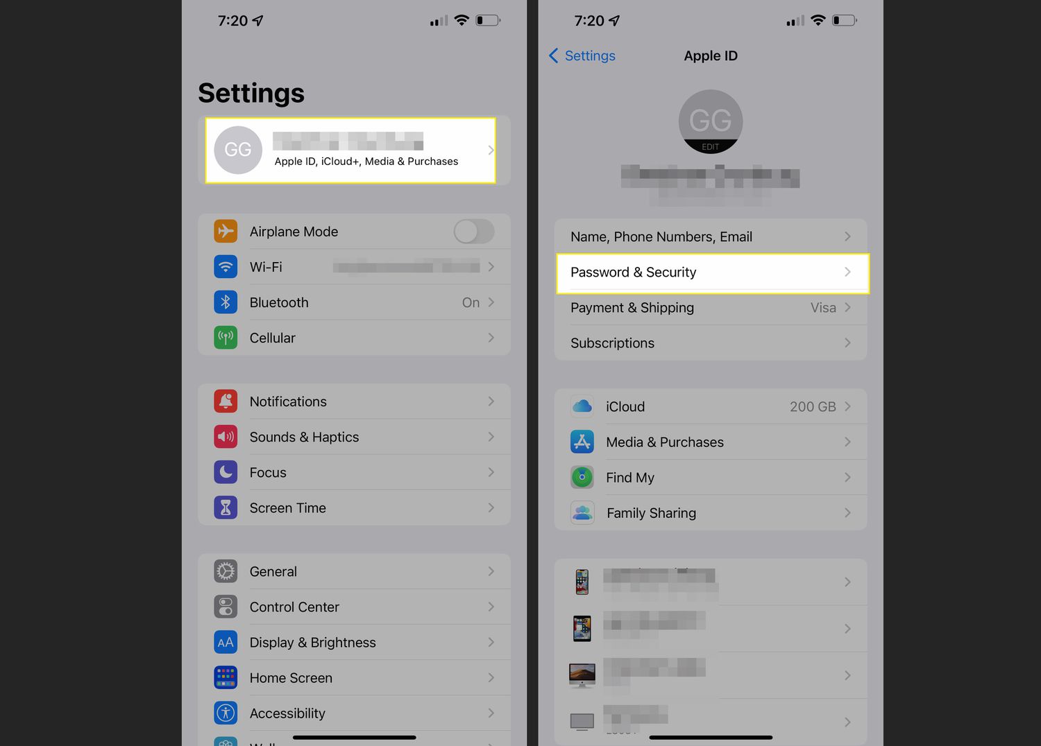 iPhone settings with name card and Password and Security highlighted