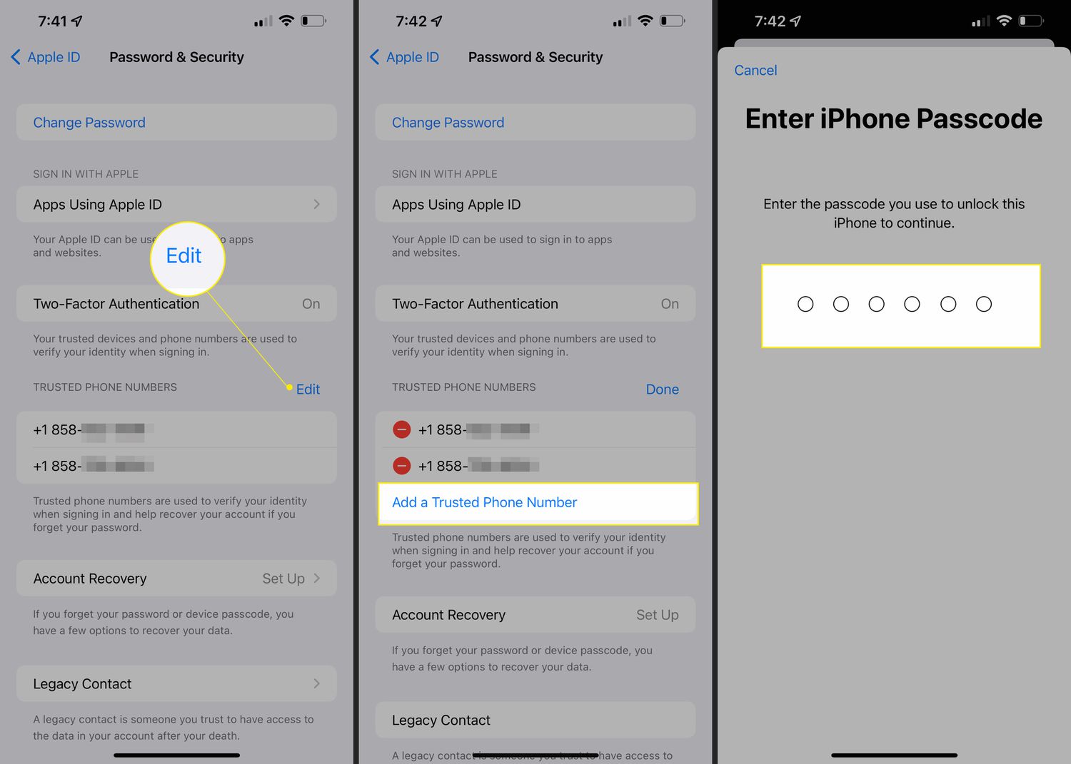 iOS Password & Security settings with Edit, Add a Trusted Phone Number, and Passcode entry highlighted