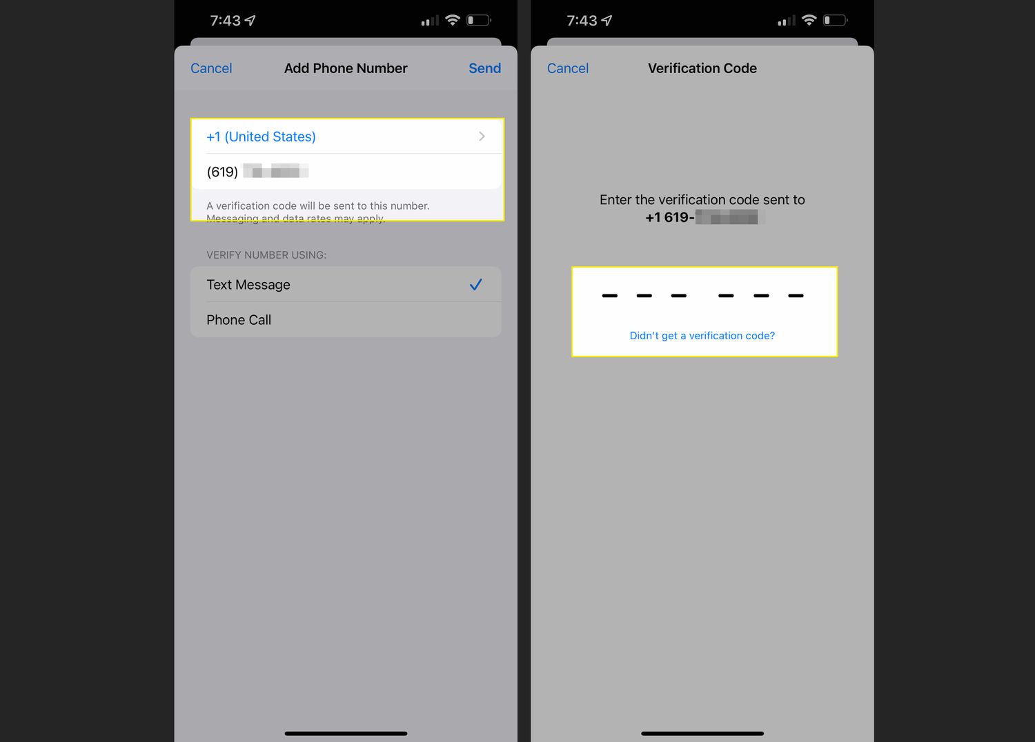 iPhone Trusted Devices with new phone number and code field highlighted