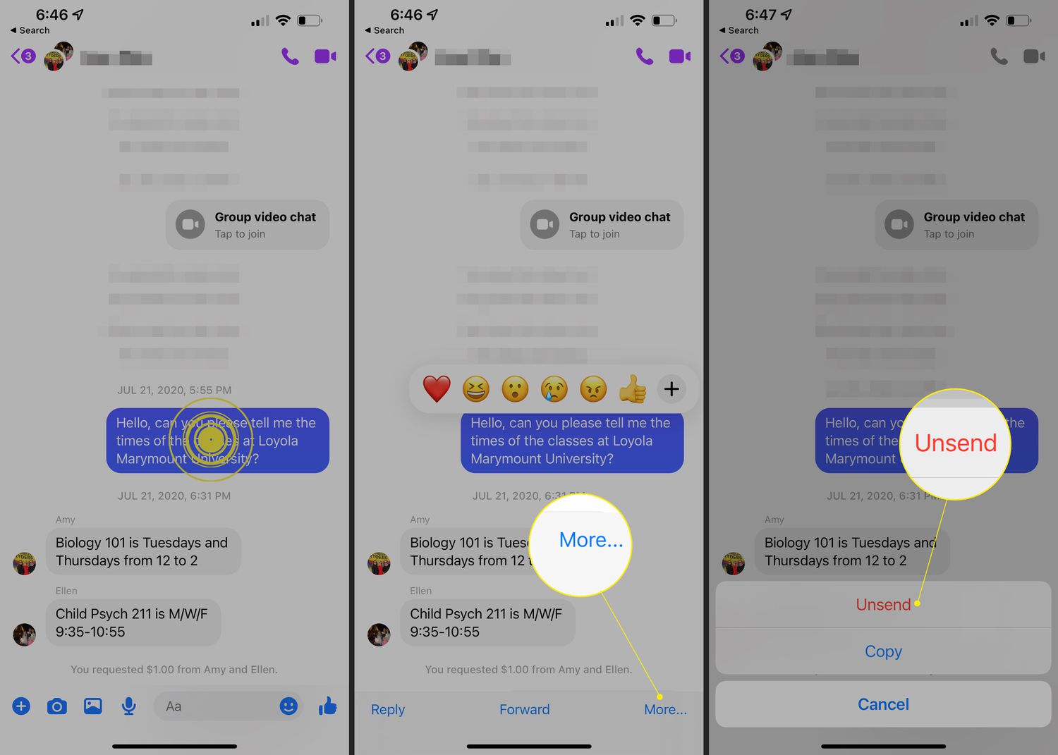 The More and Unsend options for a Facebook message highlighted