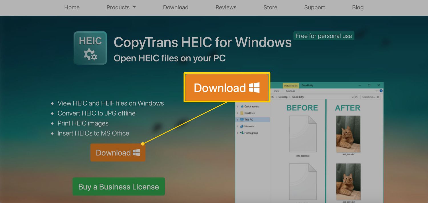 A browser window displaying the CopyTrans HEIC for Windows software package