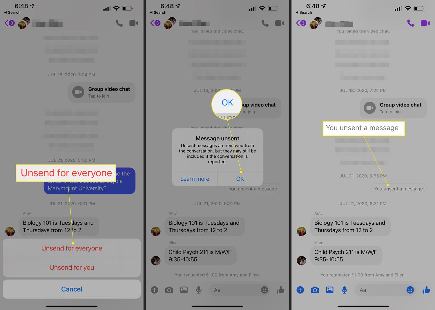 Unsending a message in Facebook Messenger
