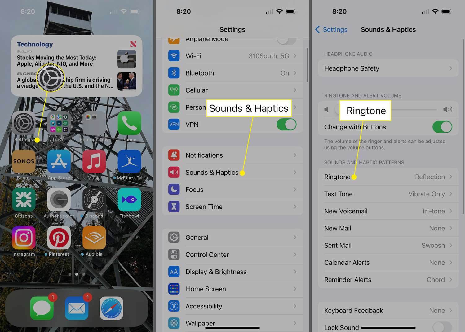 Settings, Sounds & Haptics, and Ringtone on an iPhone