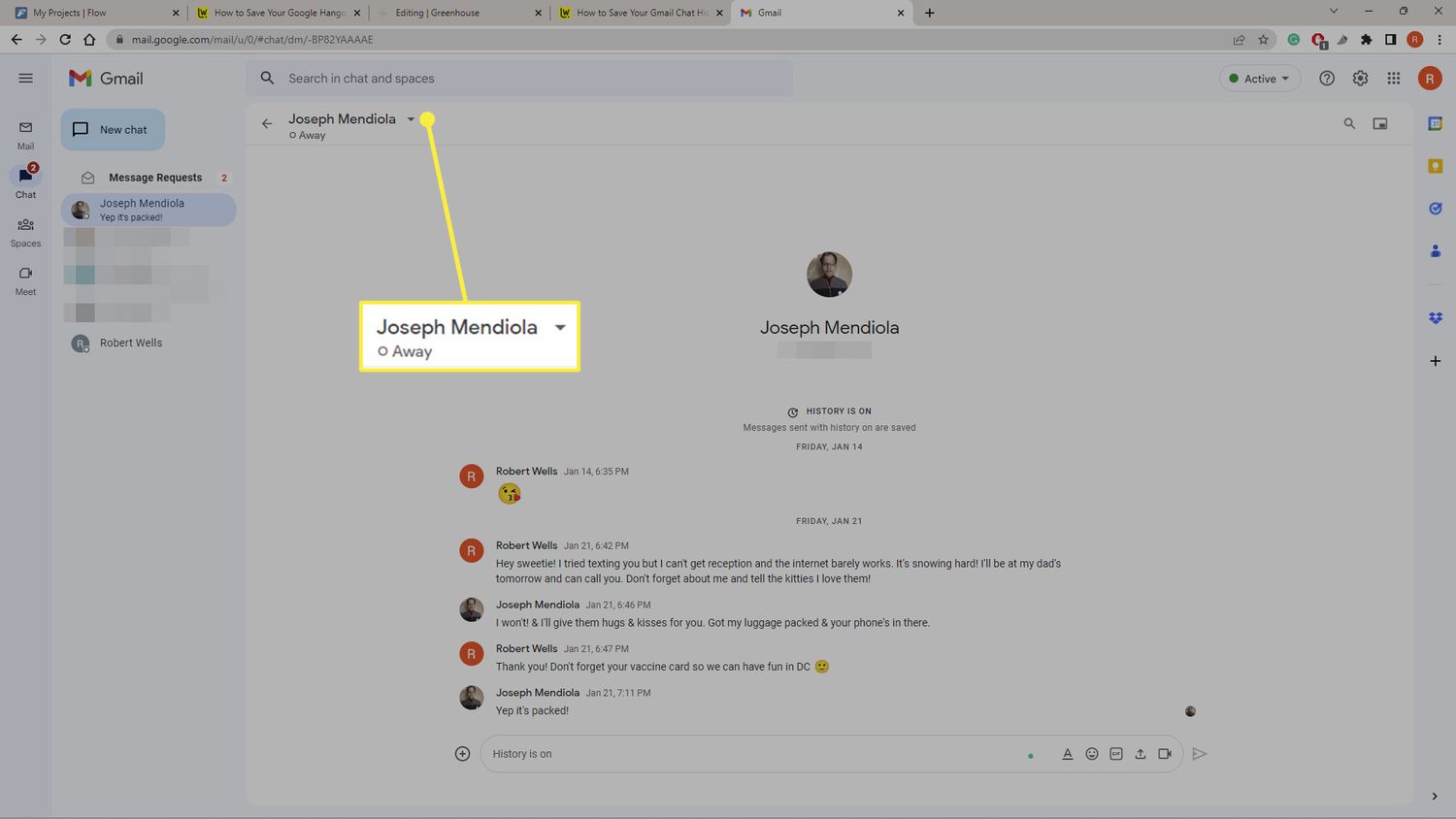 Name dropdown highlighted in Gmail Chat
