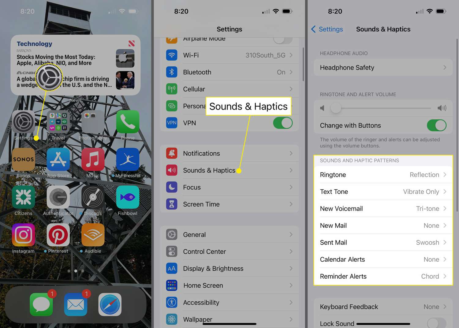 Settings, Sounds & Haptics, and Sounds & Haptics settings highlighted on iPhone