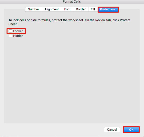 Excel Format Cell Protection tab locked