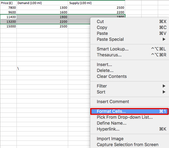 Excel Format Cell menu