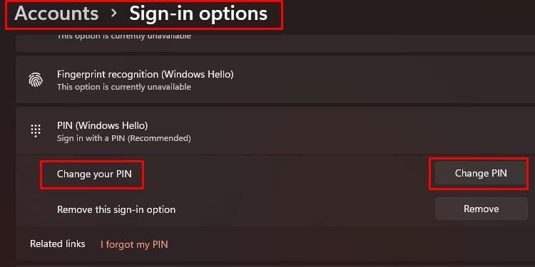 option de modification du code PIN dans les options de connexion