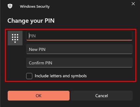 change your pin pop up box