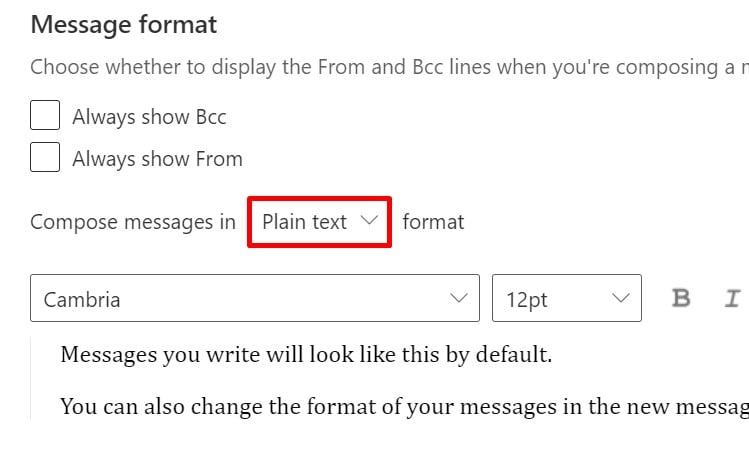message format to plain text