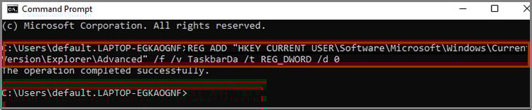 registry command in command prompt to disable tasbar icon