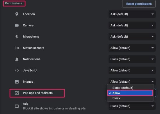 Pop-ups and redirects
